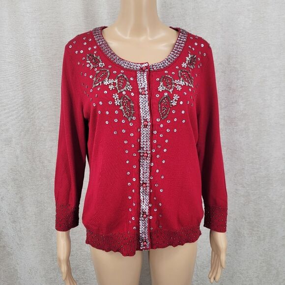 Liz Claiborne Silk Blend Red Embellished Cardigan Sweater Beaded Lined - Picture 1 of 12